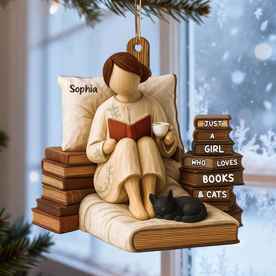 Just A Girl Who Loves Books & Cats 3D Effect - Personalized Wooden Ornament - Christmas Gift For Book Lover, Bookworm