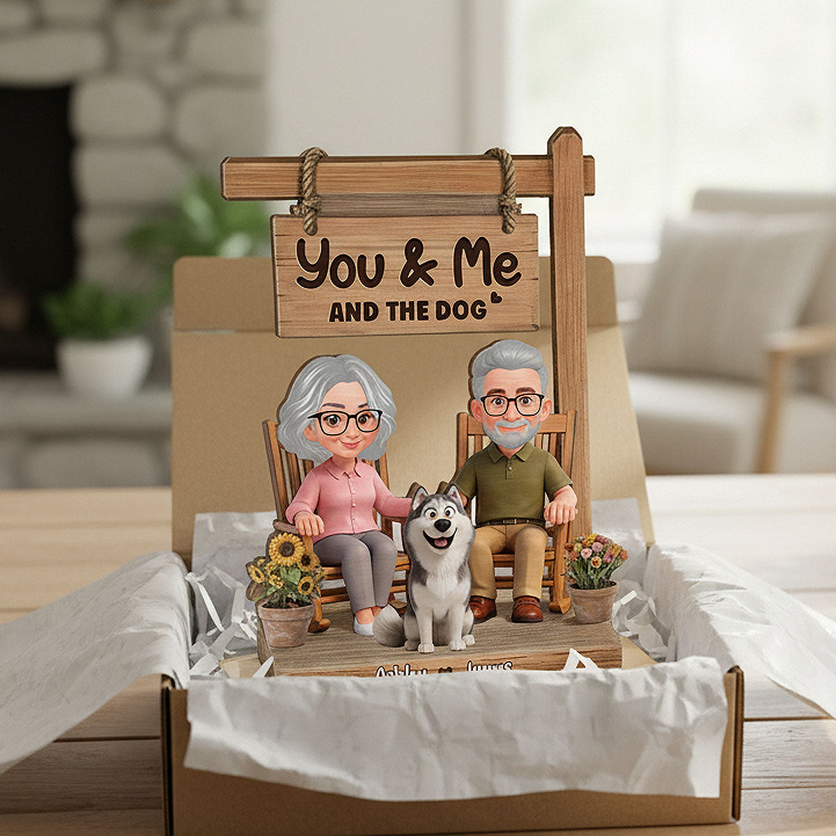 Old Couple On Rocking Chair & Dog 2D Flat - Personalized 2-Layered Wooden Plaque - Anniversary, Valentine's Day Gift For Him, Gift For Her