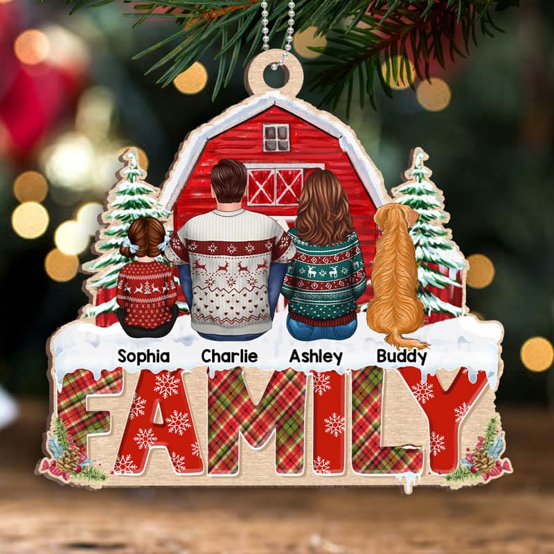 Family Back View Kid Dog Cat Sitting On Word Personalized Wooden Ornament