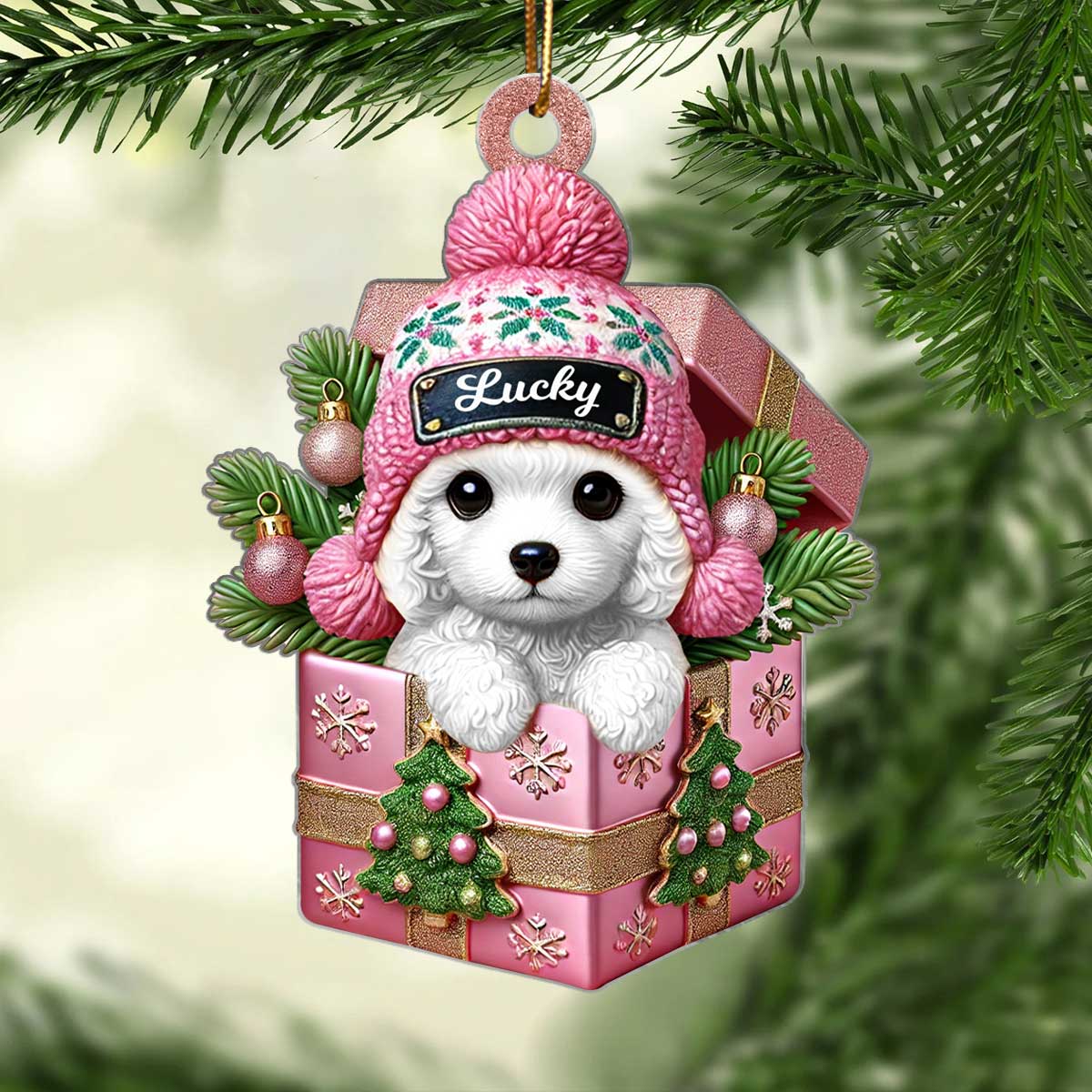 Cute Poodle Dog Inside Gift Box Personalized 2D Flat Acrylic Ornament, Christmas Gift for Dog Lovers