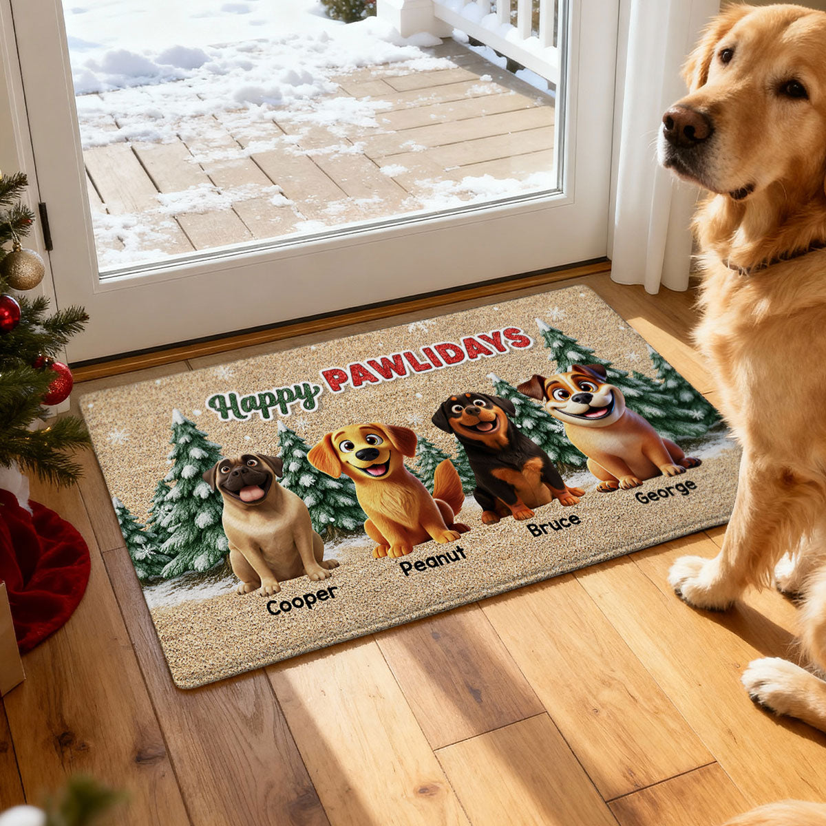 3D Effect Snowy Christmas Tree Beautiful Dog Merry Woofmas Christmas - Personalized Doormat