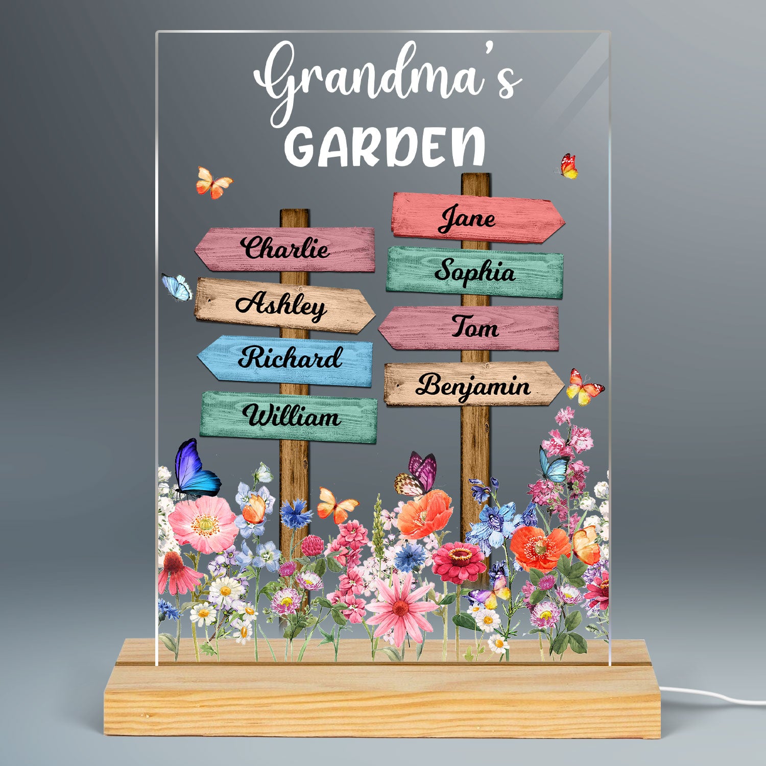 Grandma‘s Garden Direction Sign Flowers Butterflies Personalized Rectangle Acrylic LED Night Light