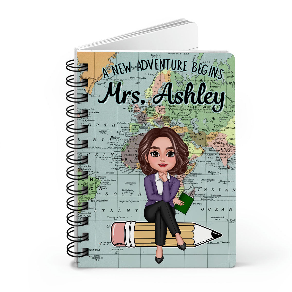 World Map Adventure Themed Teacher Sitting On Pencil Personalized Spiral Notebook Journal, Back To School Stationery