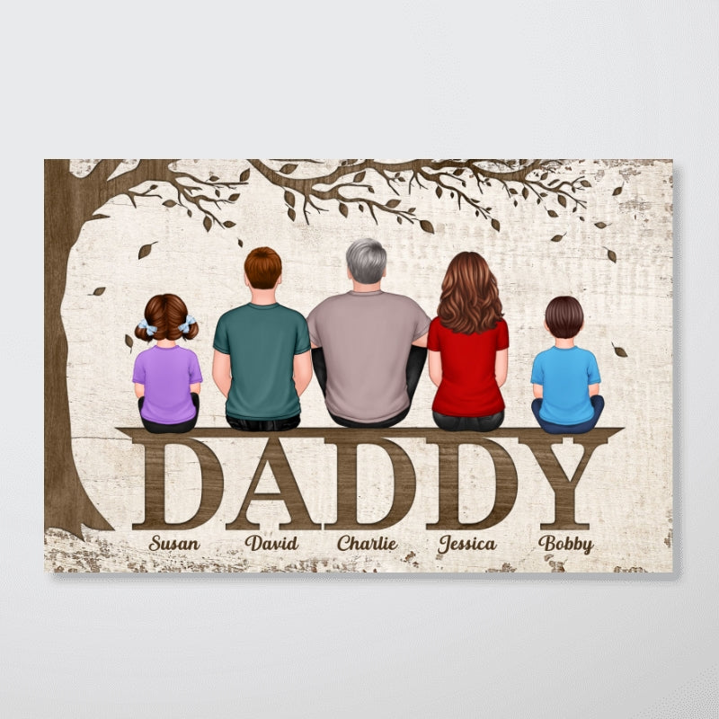 Dad Grandpa Back View Man And Kids Dogs Cats Sitting On Words Under Tree Personalized Horizontal Poster