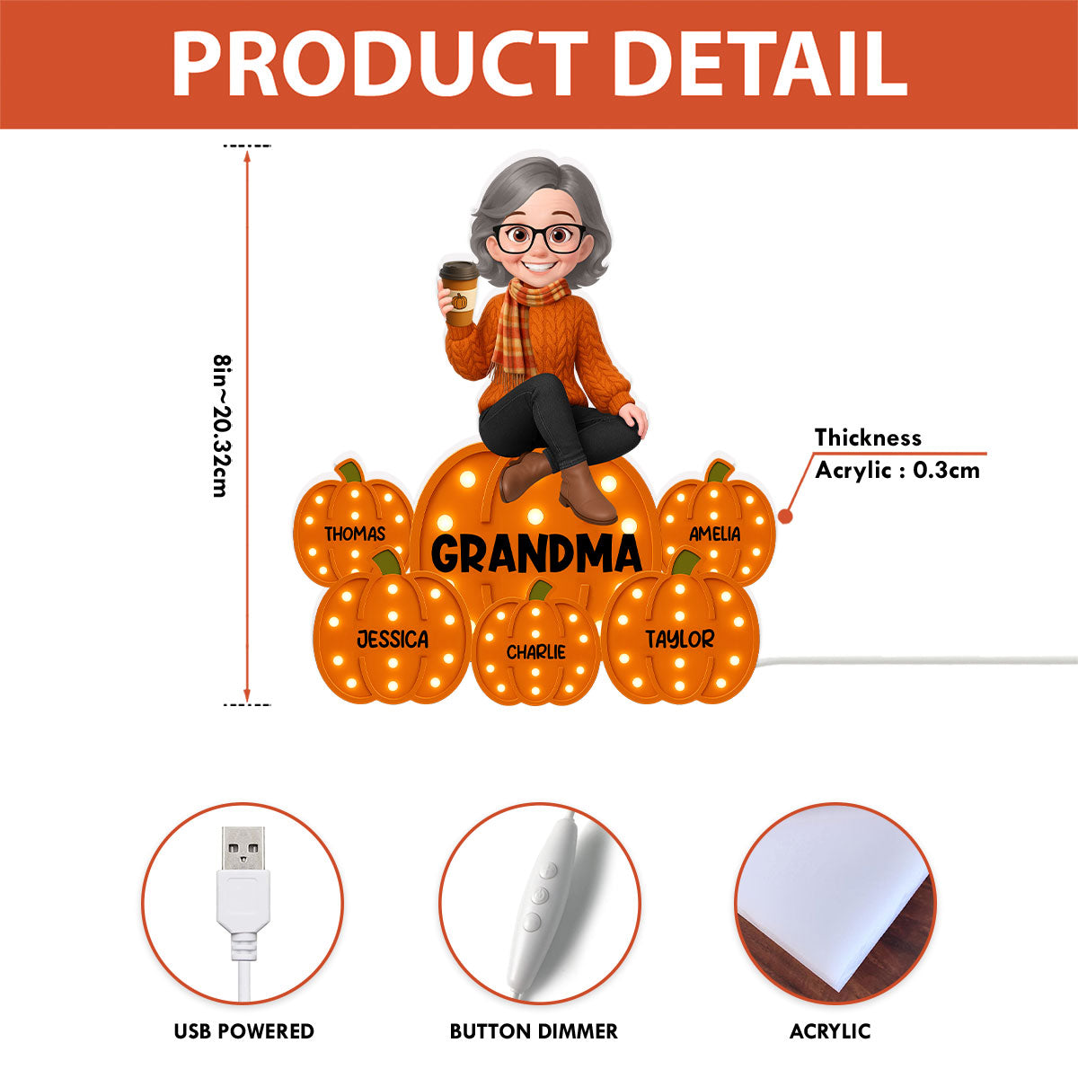 Fall Season Grandma Sitting On Marquee Pattern Texture Pumpkins Personalized LED Light Box, Cozy Grandma's Home Decoration