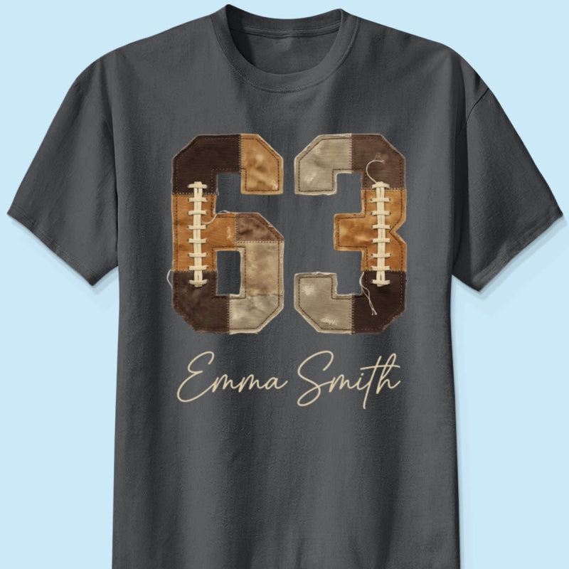 Custom Football Number and Name - Personalized Shirt - Sports Mom Faux Patchwork Tee, Game Day