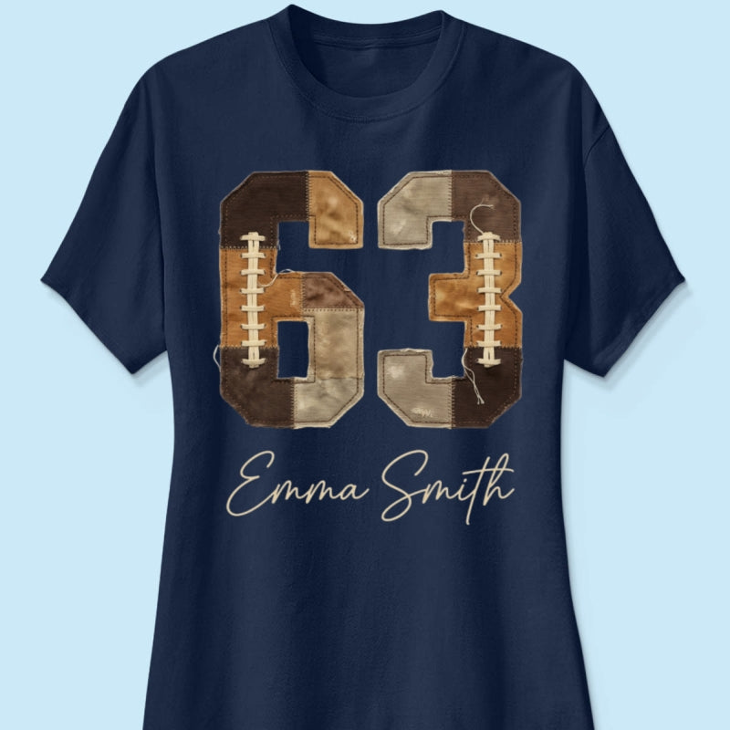 Custom Football Number and Name - Personalized Shirt - Sports Mom Faux Patchwork Tee, Game Day