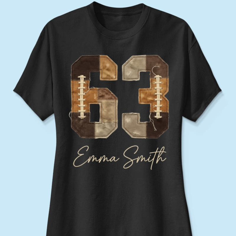 Custom Football Number and Name - Personalized Shirt - Sports Mom Faux Patchwork Tee, Game Day