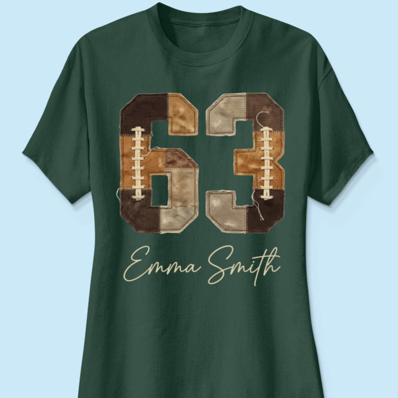 Custom Football Number and Name - Personalized Shirt - Sports Mom Faux Patchwork Tee, Game Day