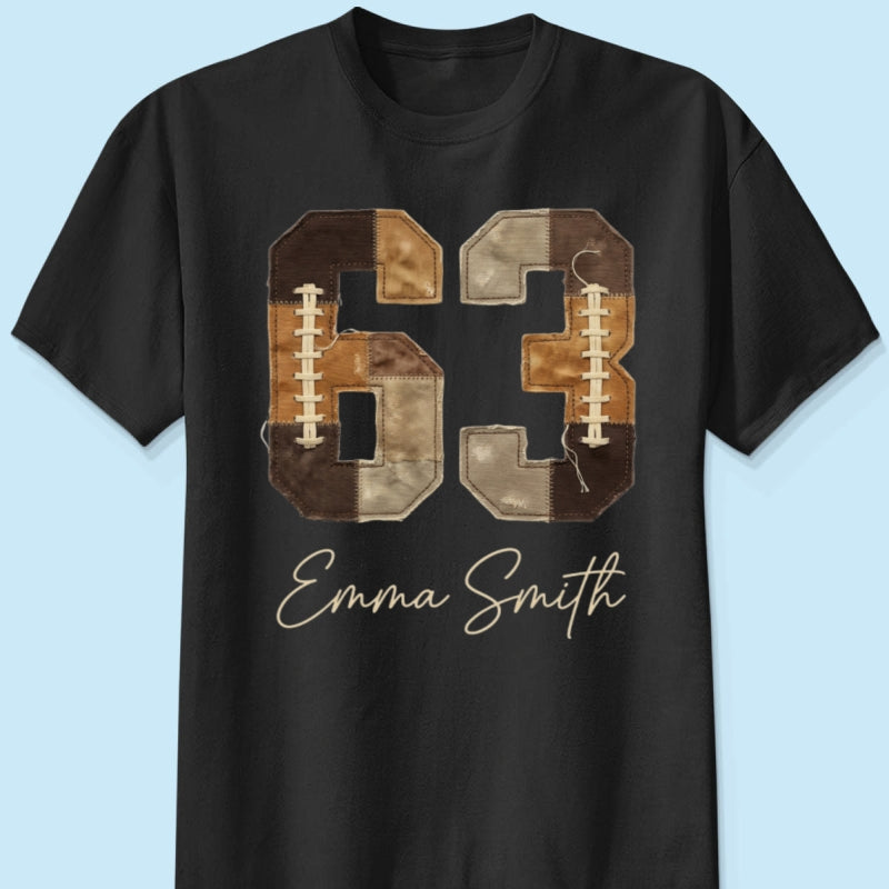 Custom Football Number and Name - Personalized Shirt - Sports Mom Faux Patchwork Tee, Game Day