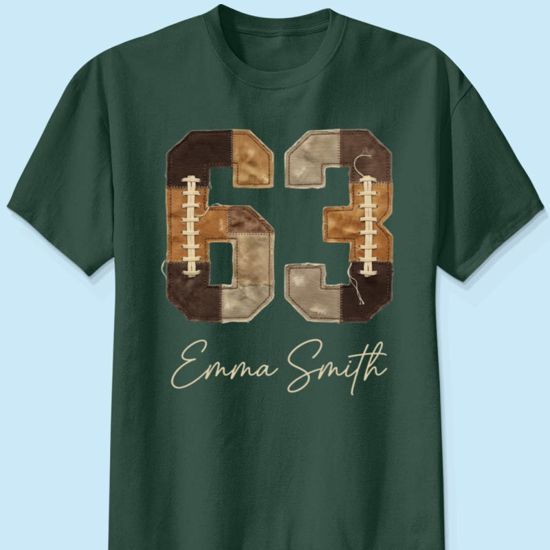 Custom Football Number and Name - Personalized Shirt - Sports Mom Faux Patchwork Tee, Game Day
