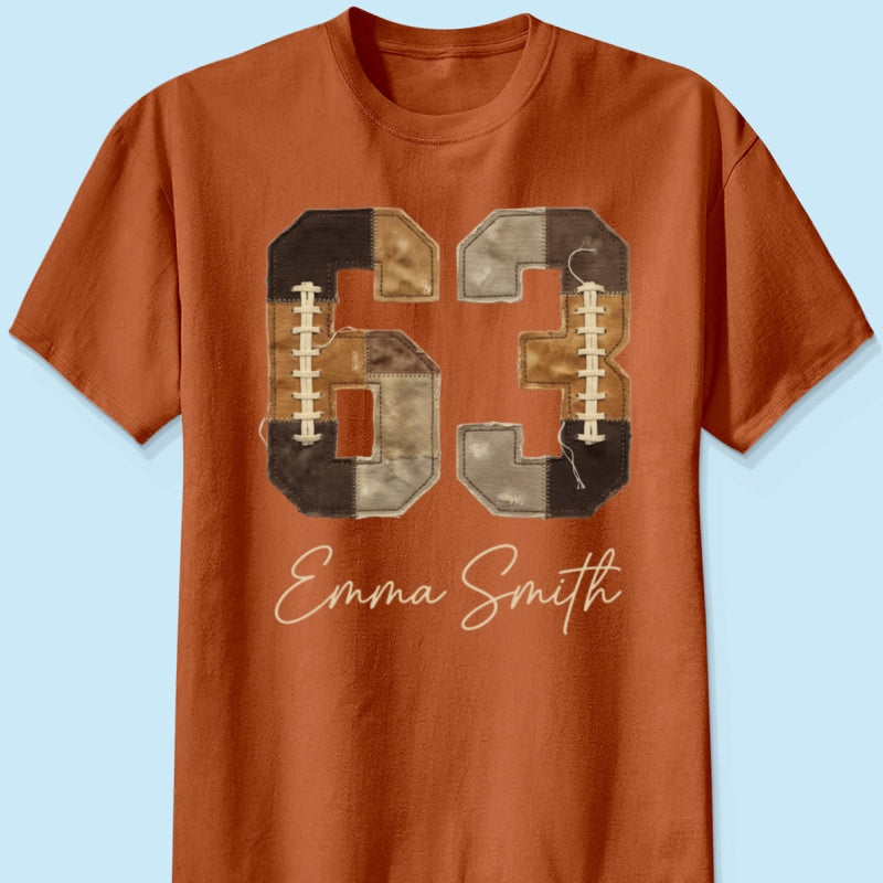 Custom Football Number and Name - Personalized Shirt - Sports Mom Faux Patchwork Tee, Game Day