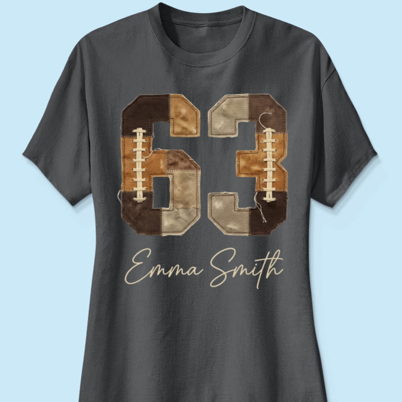 Custom Football Number and Name - Personalized Shirt - Sports Mom Faux Patchwork Tee, Game Day