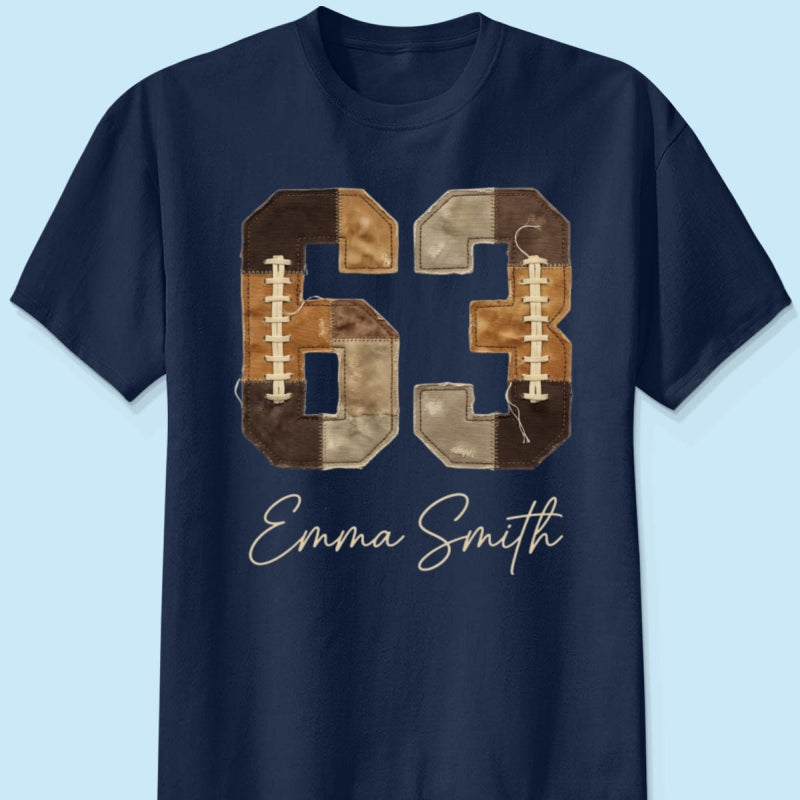 Custom Football Number and Name - Personalized Shirt - Sports Mom Faux Patchwork Tee, Game Day