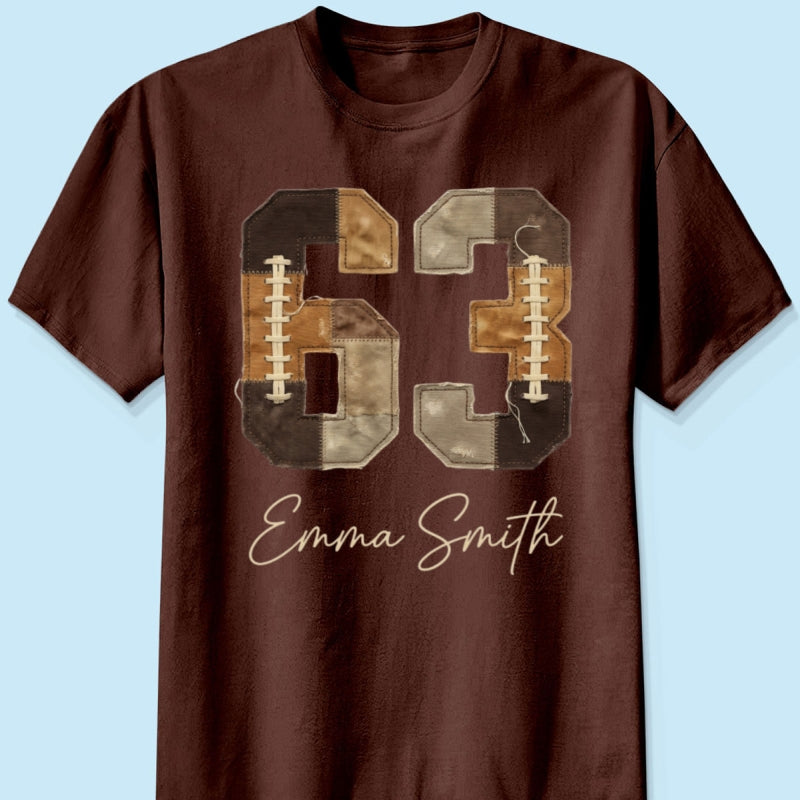 Custom Football Number and Name - Personalized Shirt - Sports Mom Faux Patchwork Tee, Game Day
