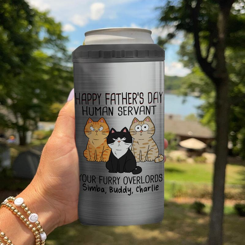 Happy Father‘s Day Human Servant Funny Cute Cats Personalized Can Cooler, Gift For Cat Dad