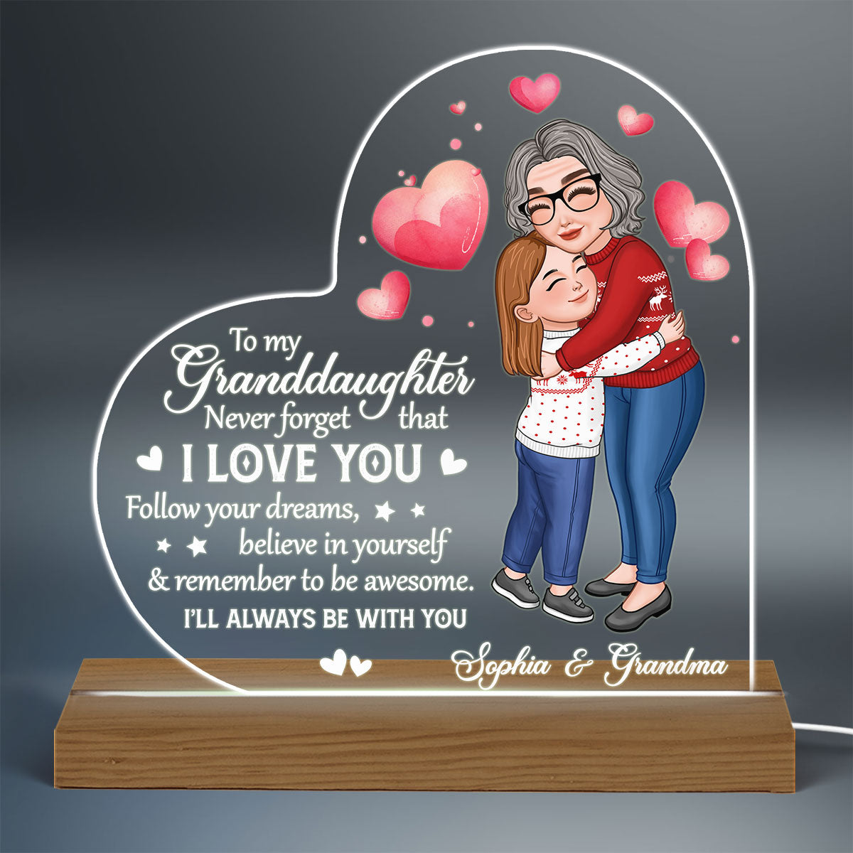 Grandma & Grandkid Hugging To My Granddaughter Grandson Personalized Heart Acrylic Plaque With LED Night Light