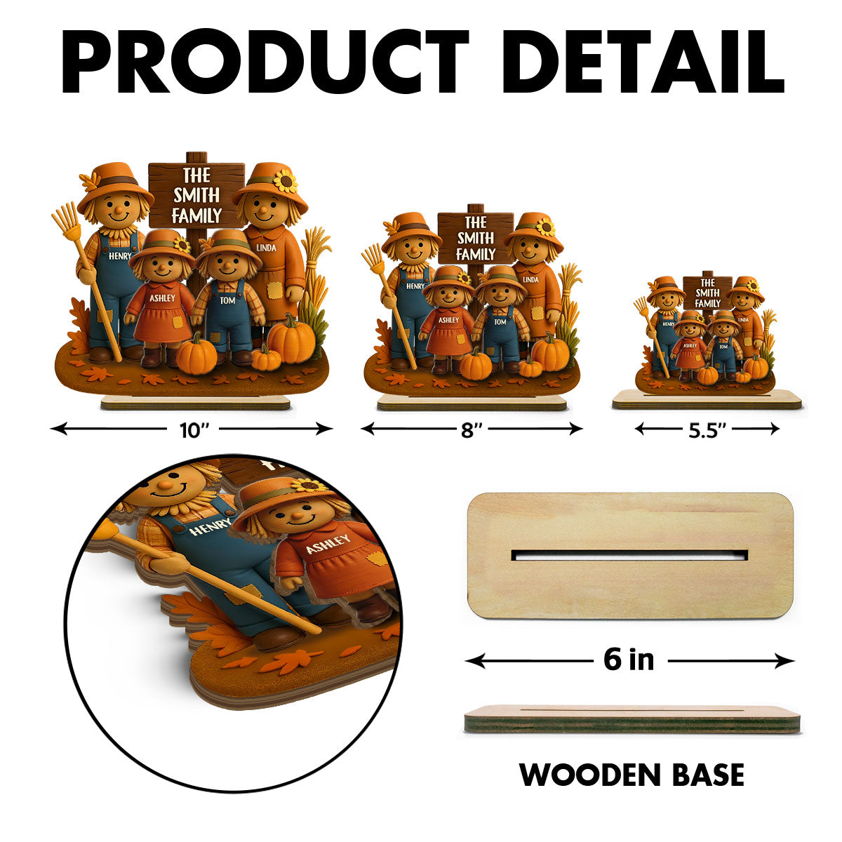 Fall Season Scarecrow Grandparents, Grandkids 3D Effect Personalized 2-Layer Wooden Plaque