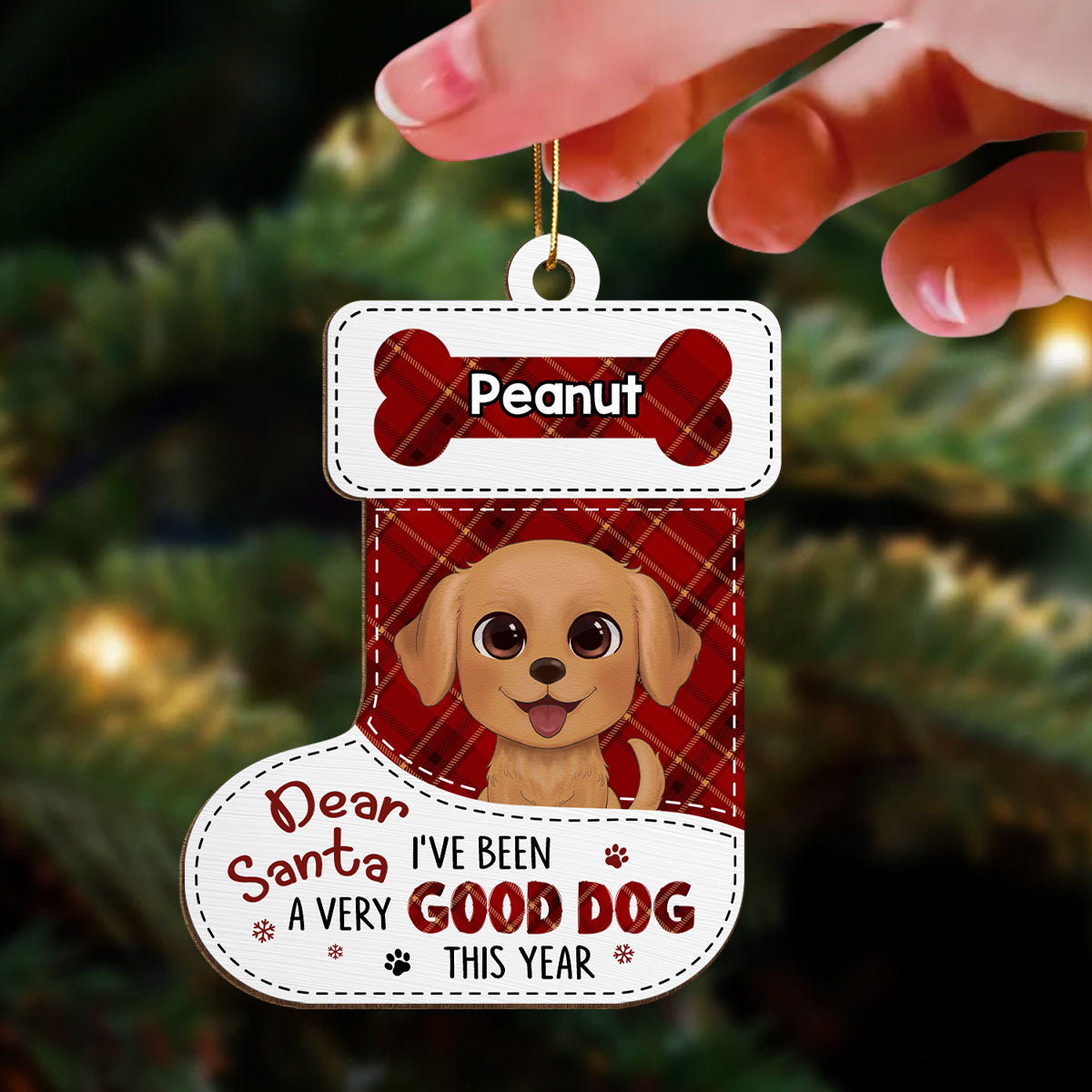 Dear Santa Watercolor Cute Dogs Stocking Shape Personalized Wooden Ornament