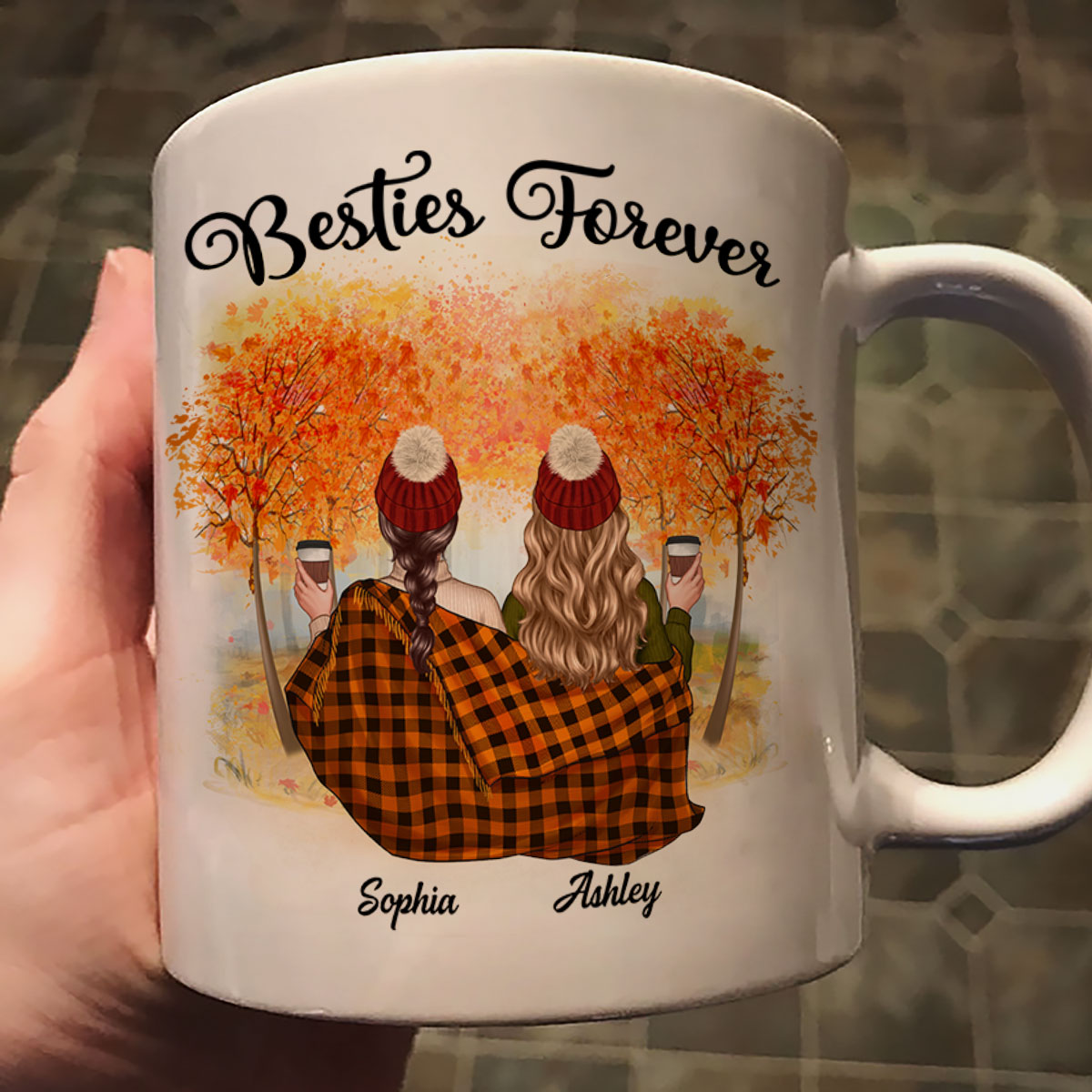 Fall Season Best Friends Sisters With Blanket In Forest Personalized Mug