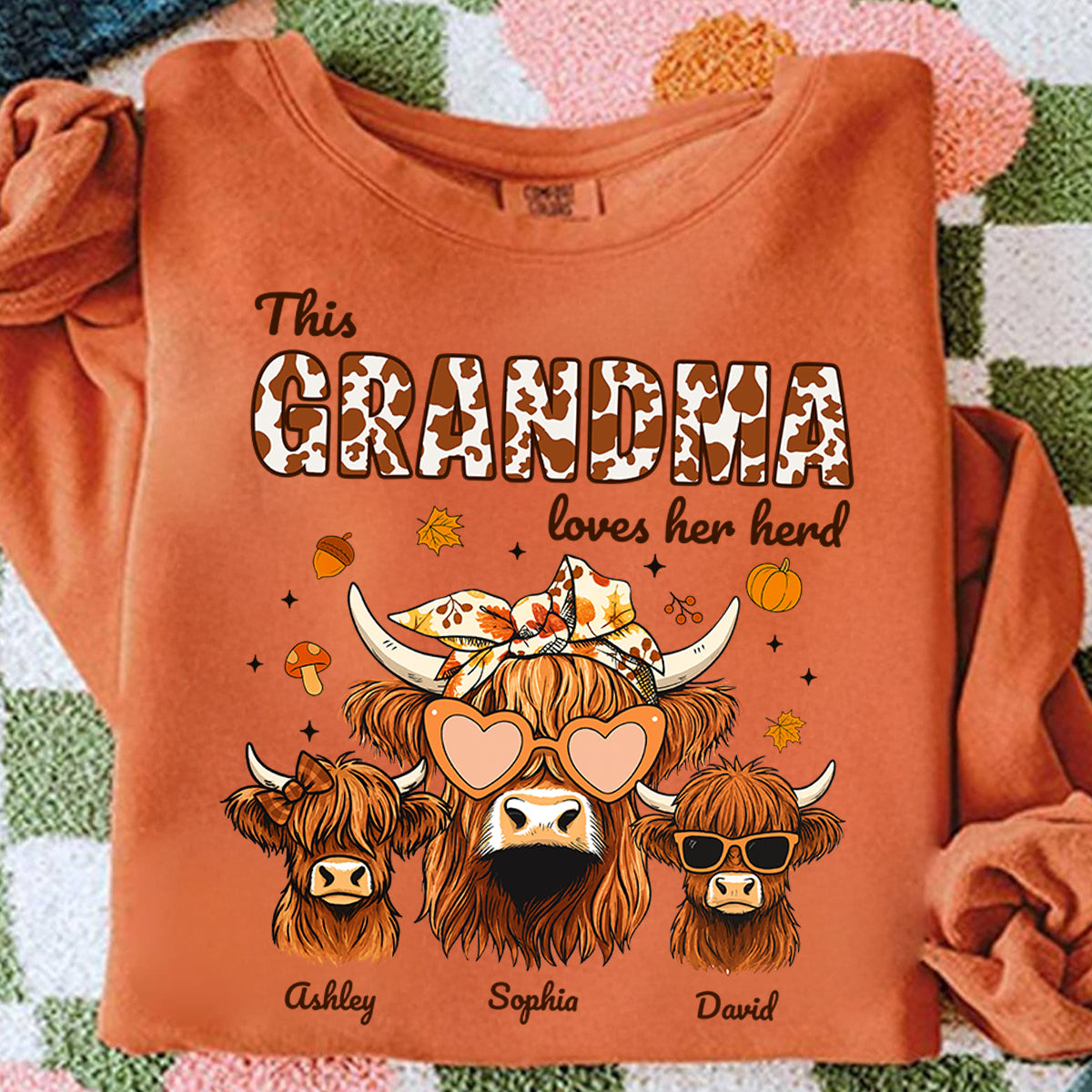 Fall Highland Cow Mom Grandma Personalized Sweatshirt, Cozy Fall Vibe Sweatshirt