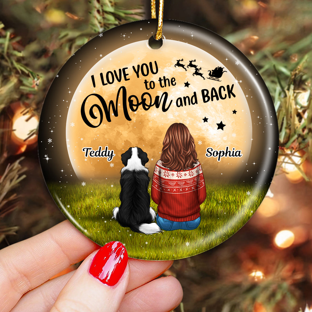 Dog Mom Sitting In Moonlight Personalized Circle Ornament