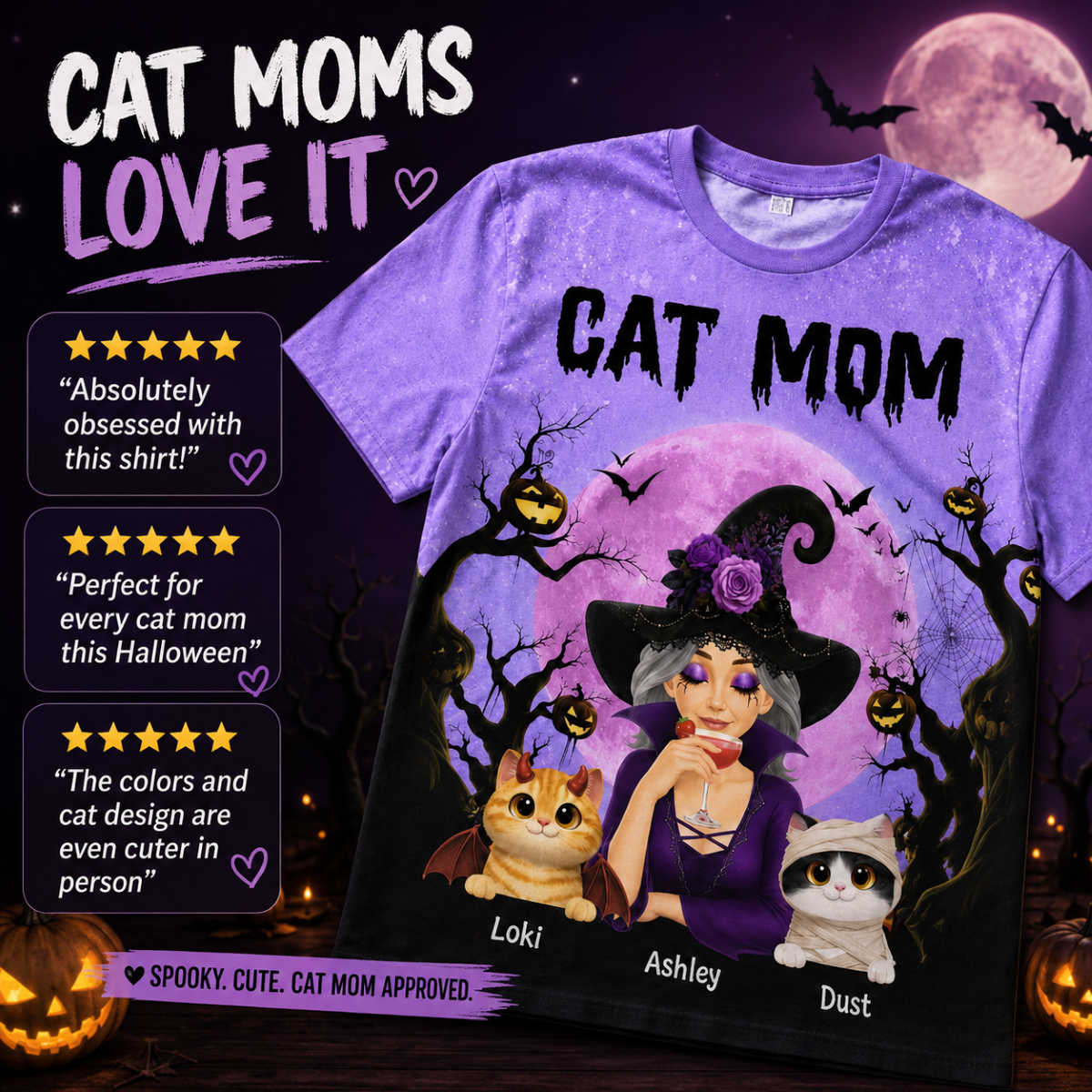 Halloween Theme Spooky Cat Mom Witch - Personalized Shirt - Halloween Gift For Cat Lovers