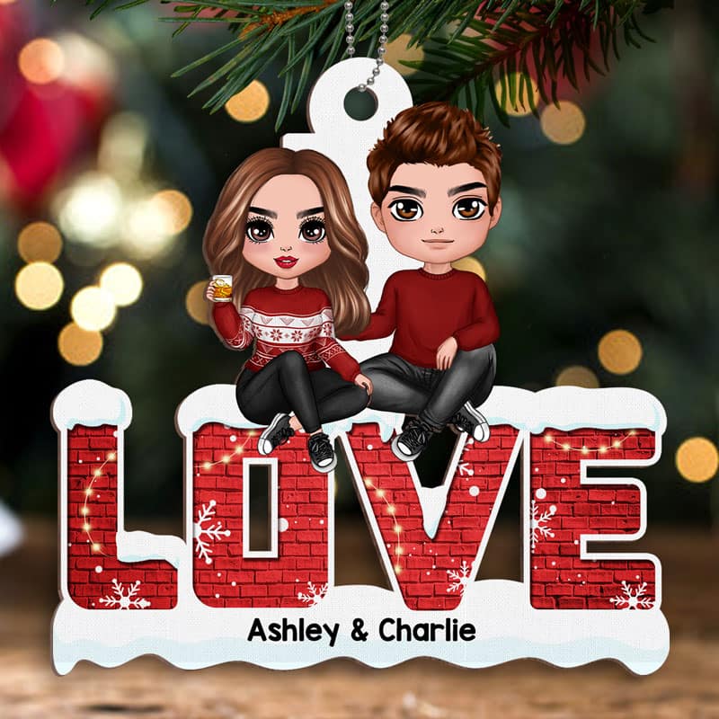 Doll Christmas Couple Sitting On LOVE Personalized Wooden Ornament