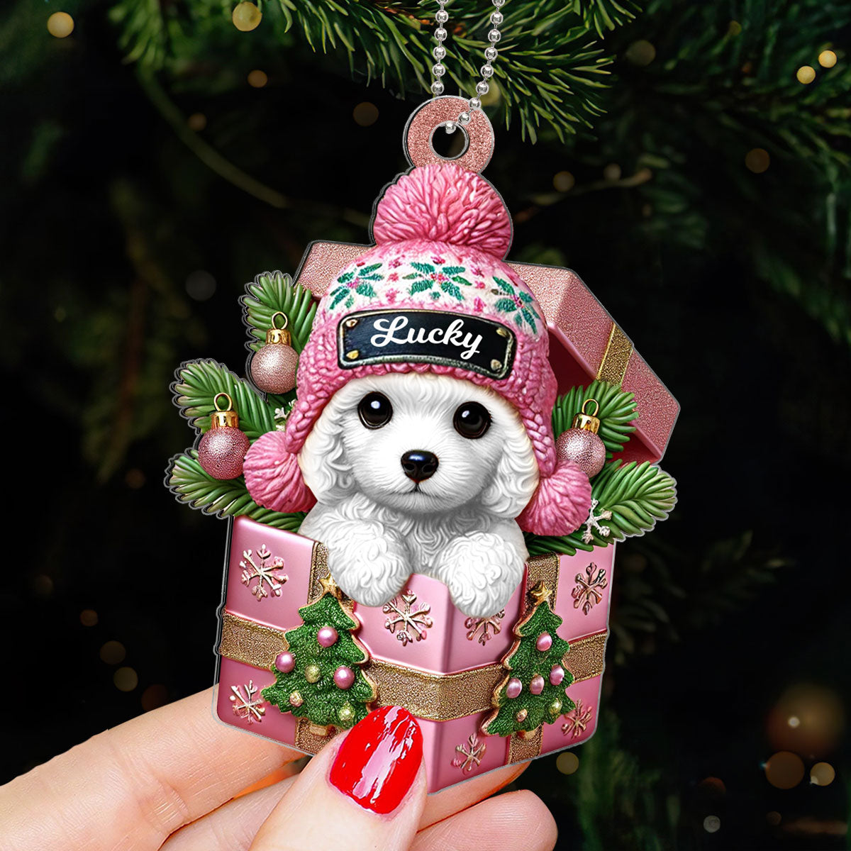 Cute Poodle Dog Inside Gift Box Personalized 2D Flat Acrylic Ornament, Christmas Gift for Dog Lovers