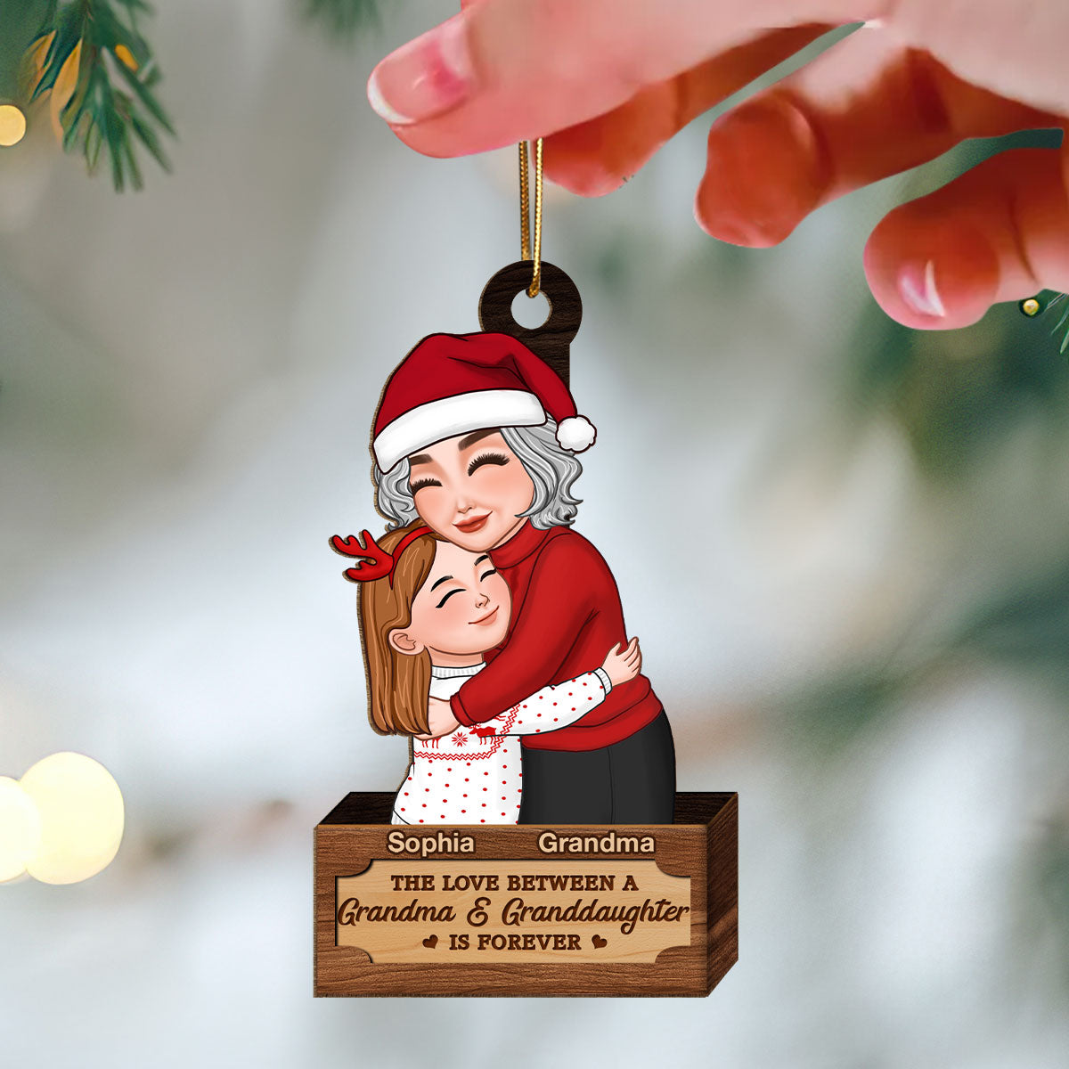 Grandma & Grandkid Hugging In Christmas Box Personalized Wooden Ornament
