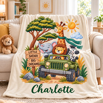 Little Safari Big Dreams Custom Name - Personalized Fleece Blanket - Baby Shower Gift, Birthday Gift For Baby Boys, Girls, Toddlers, Grandkids