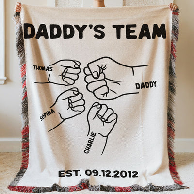 Daddy's Team Fist Bump Outline Personalized Tapestry Woven Blanket, Gift For Dad, Grandpa