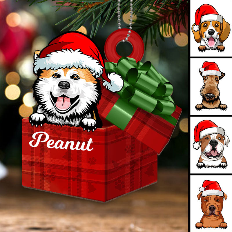 Peeking Dog In Christmas Gift Box Personalized Wooden Ornament