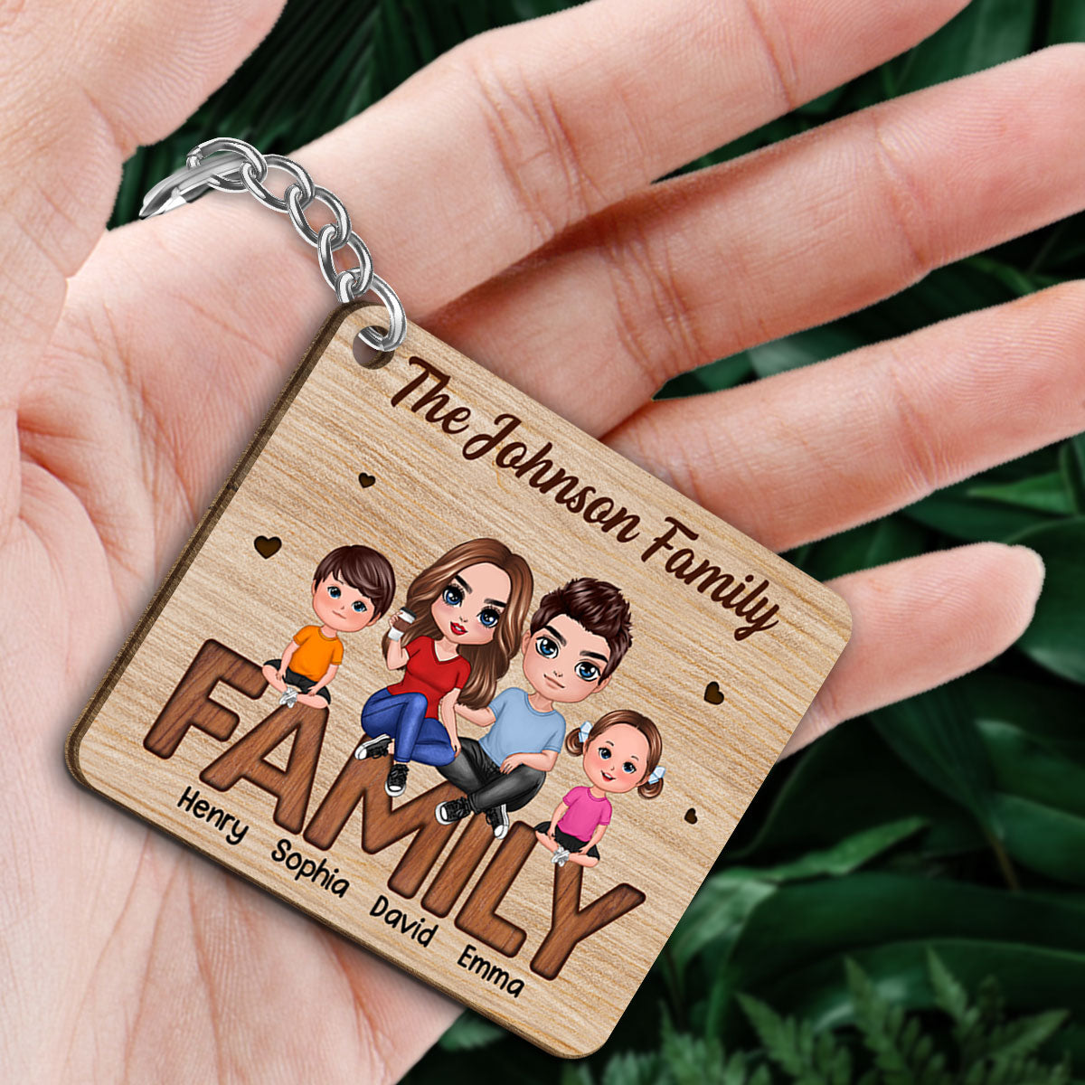 Doll Family Couple Kid Dog Cat Sitting On Text Personalized Wooden Keychain