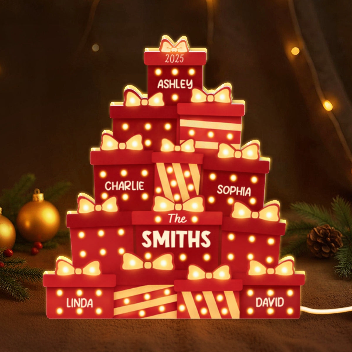 Christmas Family Gifts Box Marquee Effect Pattern Personalized Light Box, Christmas Decor
