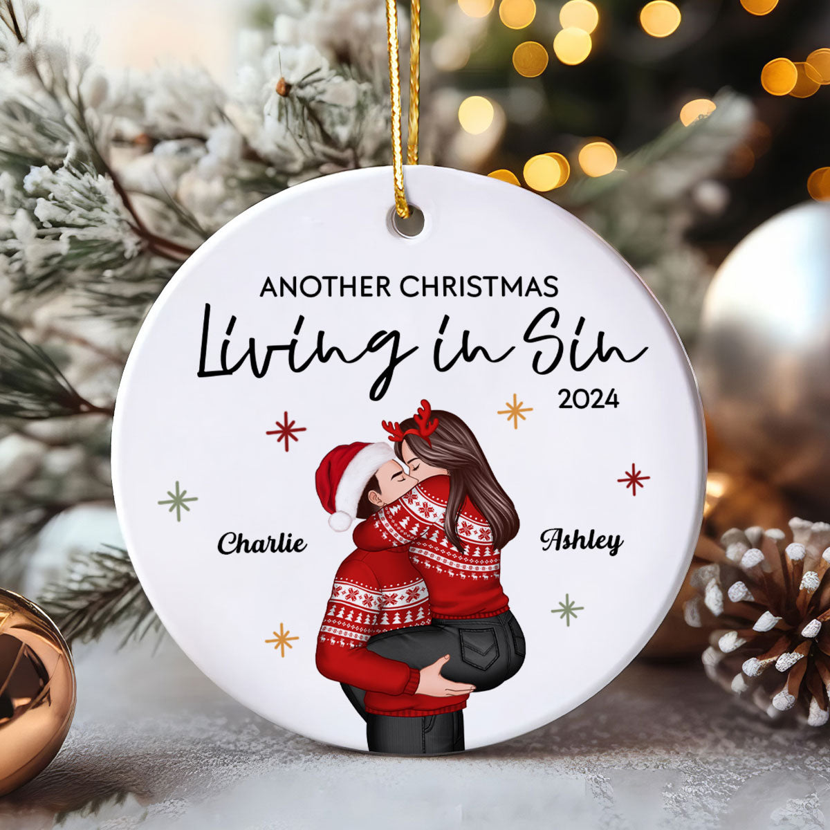 Couple Another Year Living In Sin Christmas Personalized Ceramic Ornament, Funny Christmas Gift for Couple