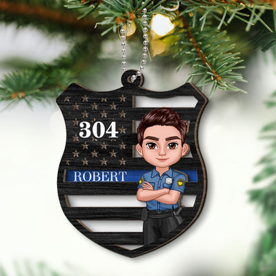 Police Thin Blue Line Badge Christmas Personalized 2-Layer Wooden Ornament, Office Decor, Appreciation Gift, Christmas Gift For Law Enforcement