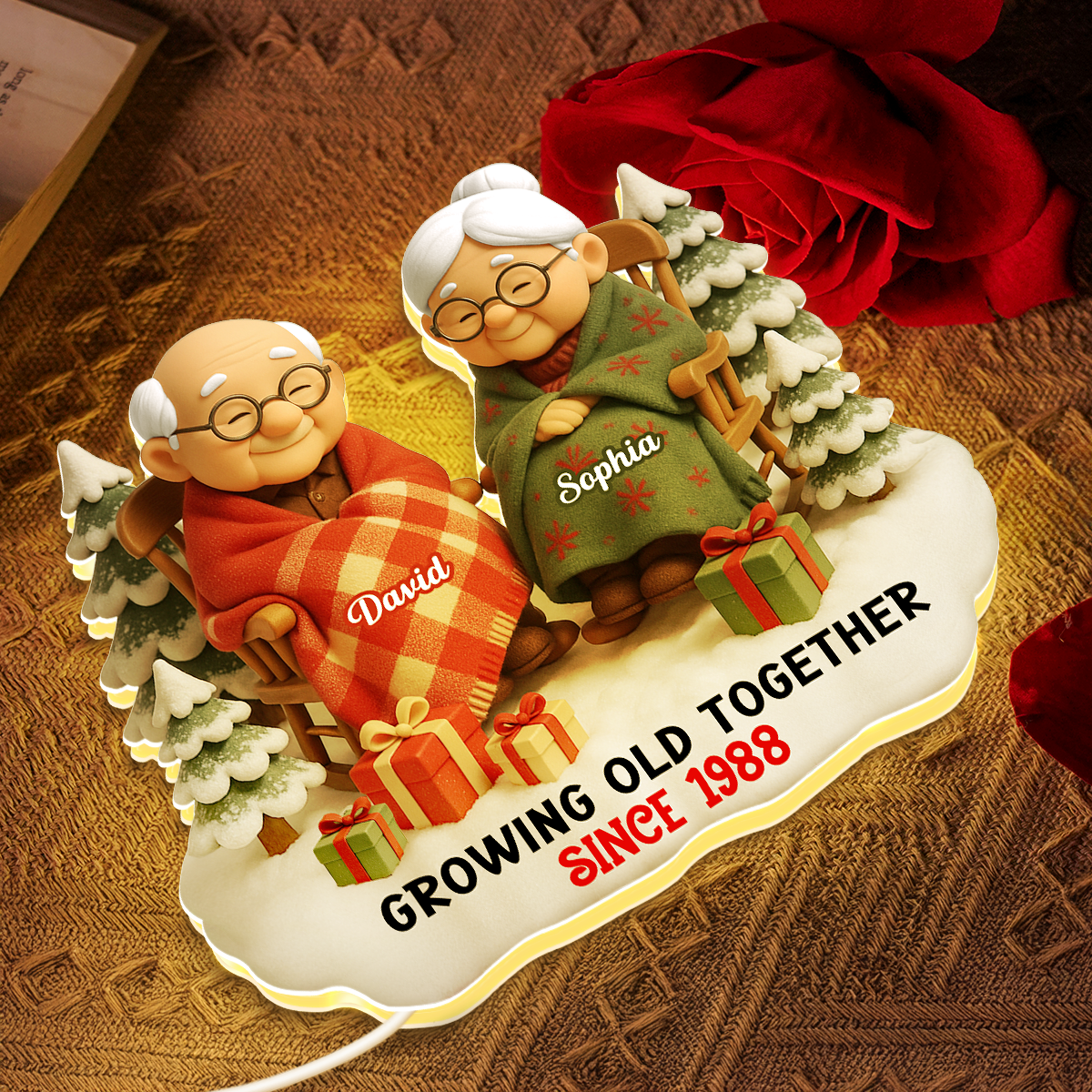 Cozy Elderly Couple Sitting Together - Personalized Light Box - Heartwarming Christmas Gift for him, Gift for her