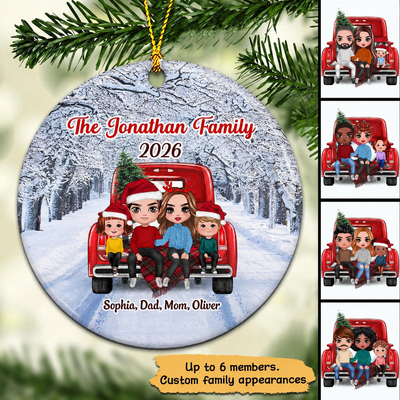 Family Sitting On Christmas Truck Winter Personalized Circle Ornament