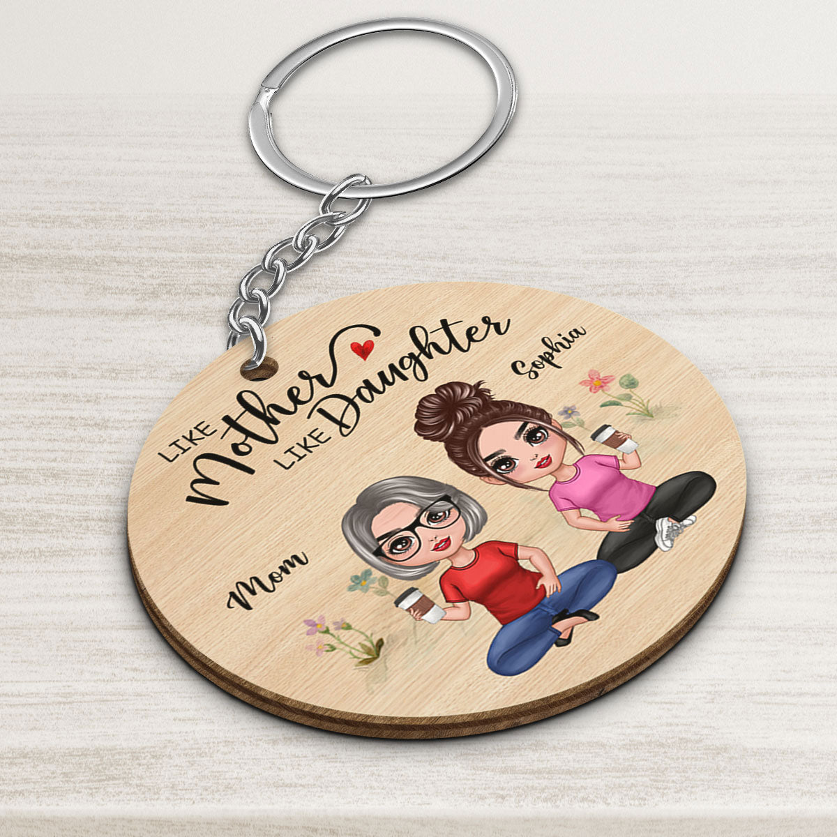 Doll Mother And Daughters Sitting Personalized Wooden Keychain