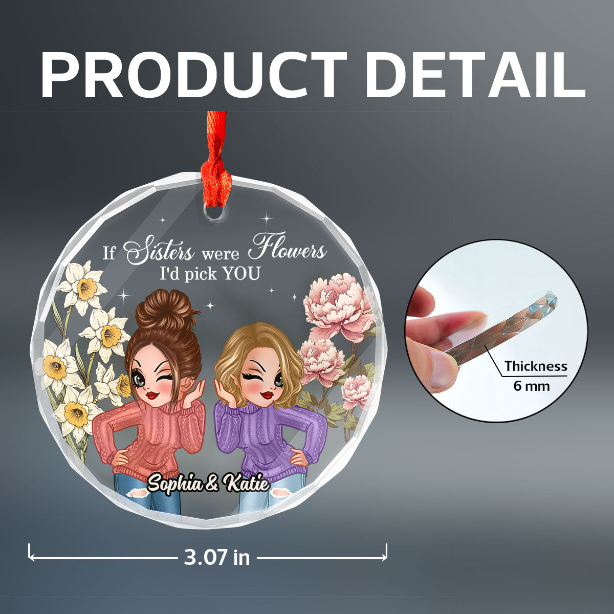 Besties Sisters Birth Month Flowers Personalized Glass Ornament, Christmas Gift For Best Friends