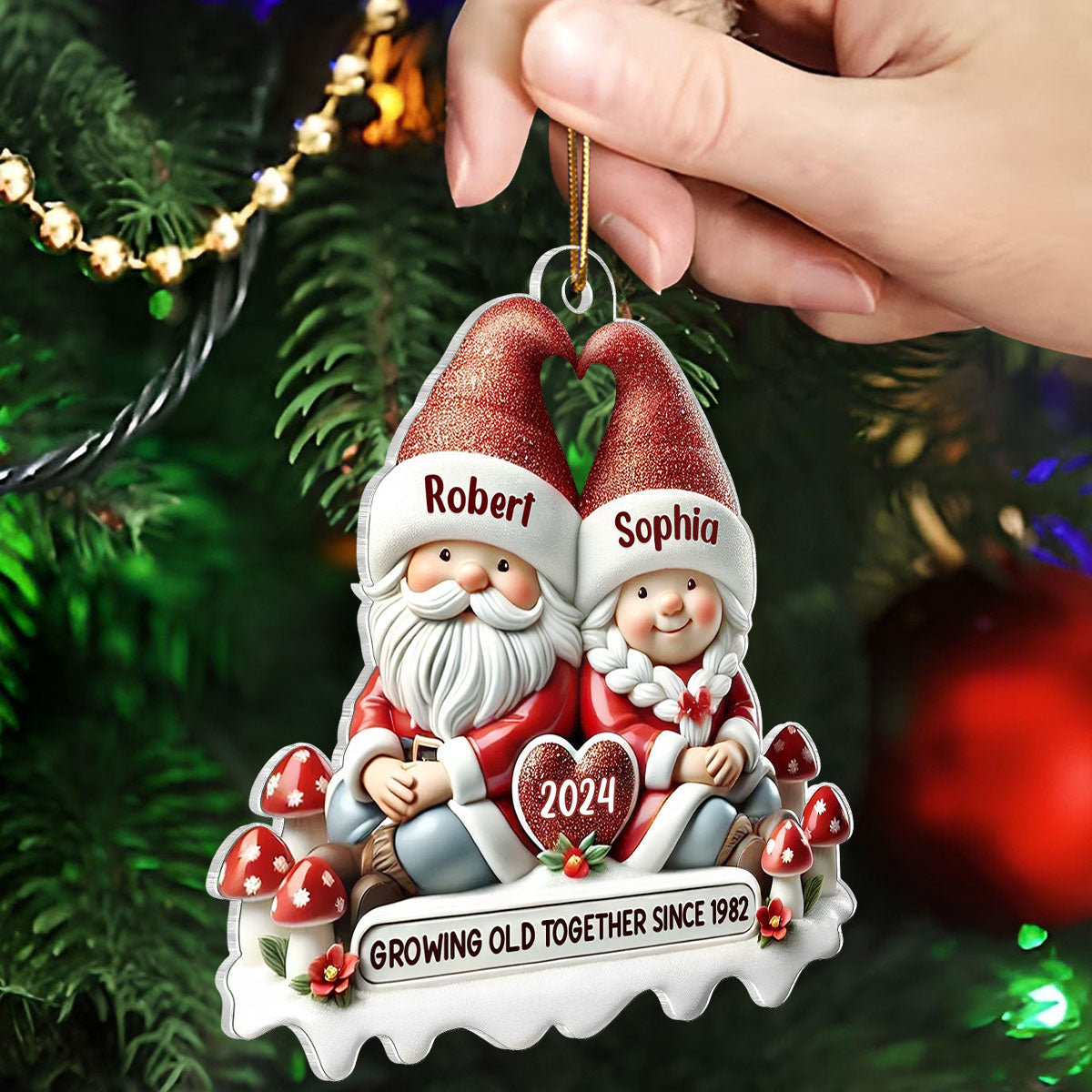 3D Effect Gnome Couple - Personalized Acrylic Ornament - Gift for Him, Gift for Her