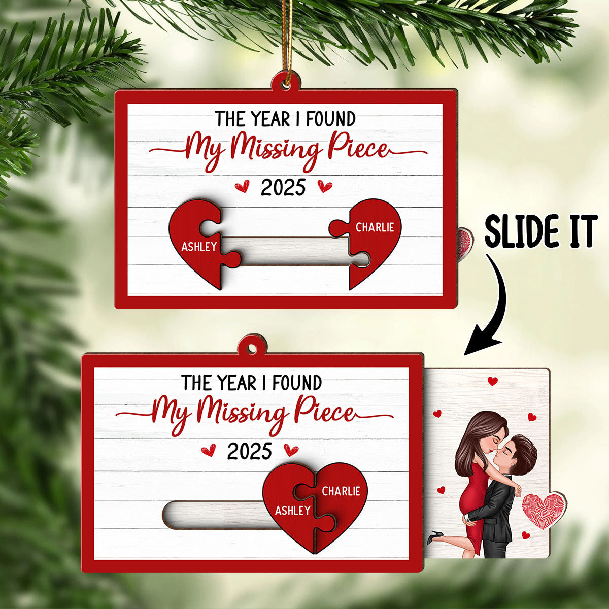 You Are My Missing Piece Couple Hugging Kissing Personalized Slider Ornament, Christmas gift for Him for Her