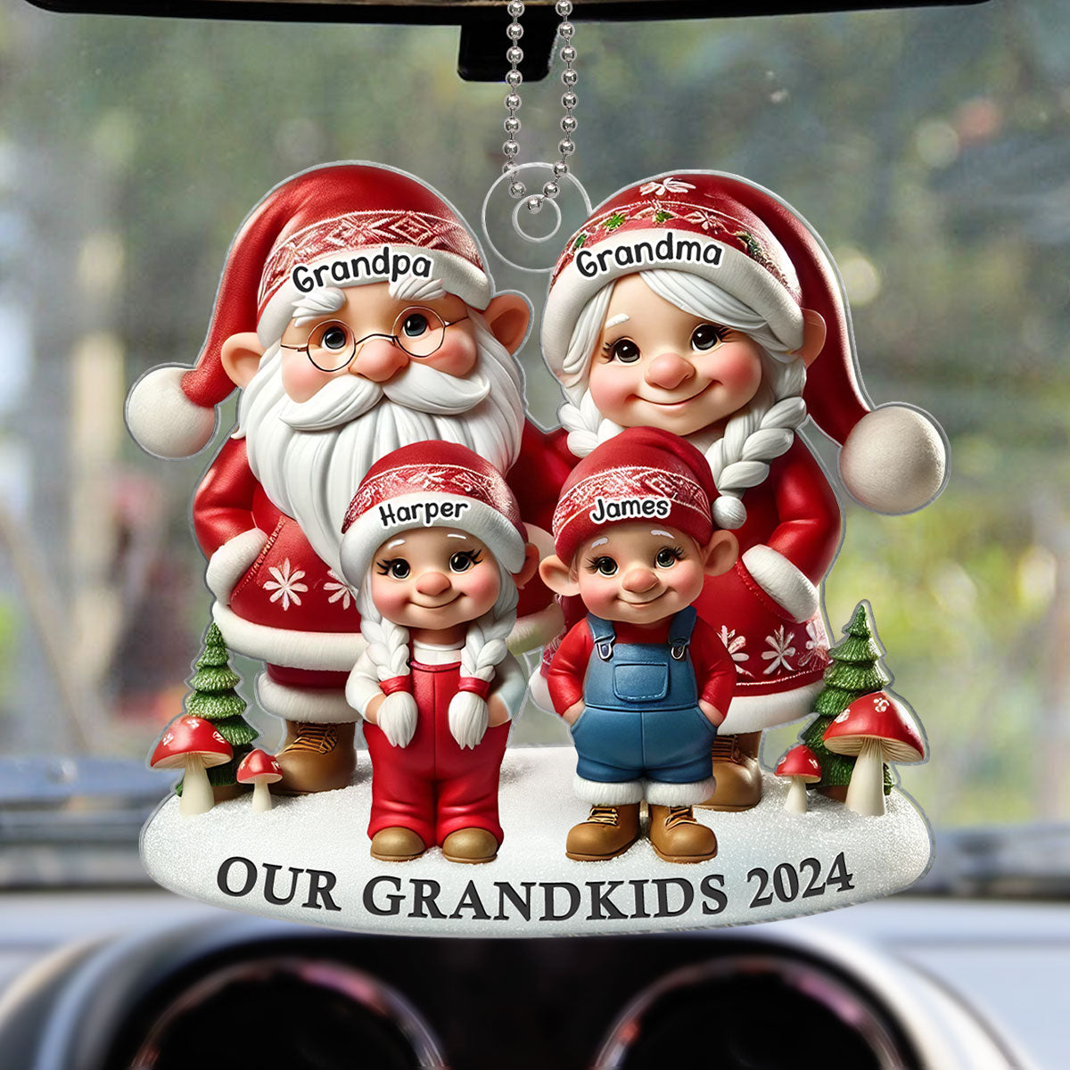 3D Effect Gnome Grandma Grandpa And Grandkids Christmas Personalized Acrylic Car Hanger Ornament