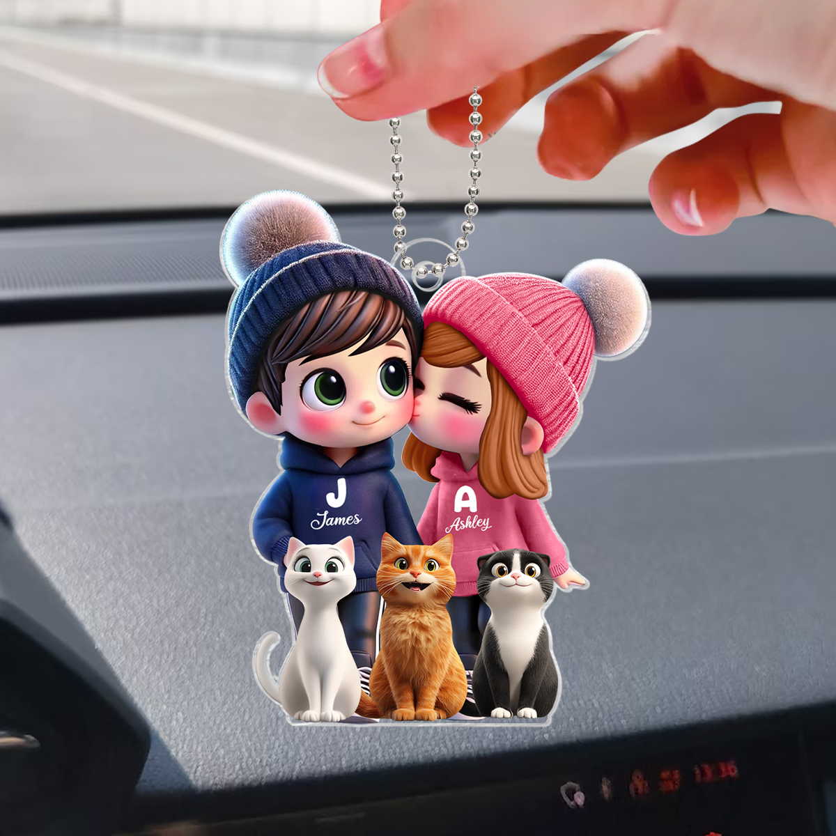 3D Effect Cute Cartoon Couple And Cats Personalized Car Ornament, Perfect Gift for him, Gift for her