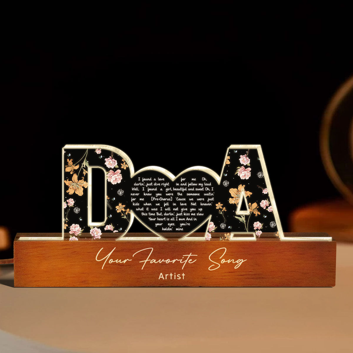 Vinyl Heart Shaped Lyrics Couple Song Custom Flower Printed LED Night Light,  Gift for her, Gift for him