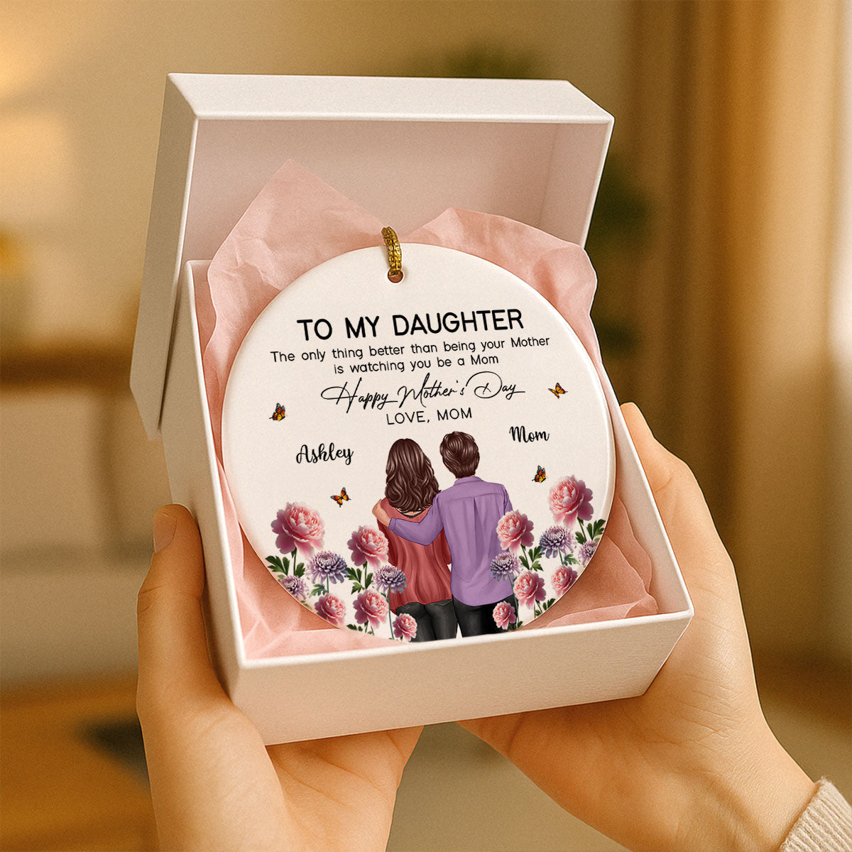 To My Daughter From Mom Happy Mother's Day Birth Flower Personalized Ceramic Ornament, Gift For Daughter | Made In The USA
