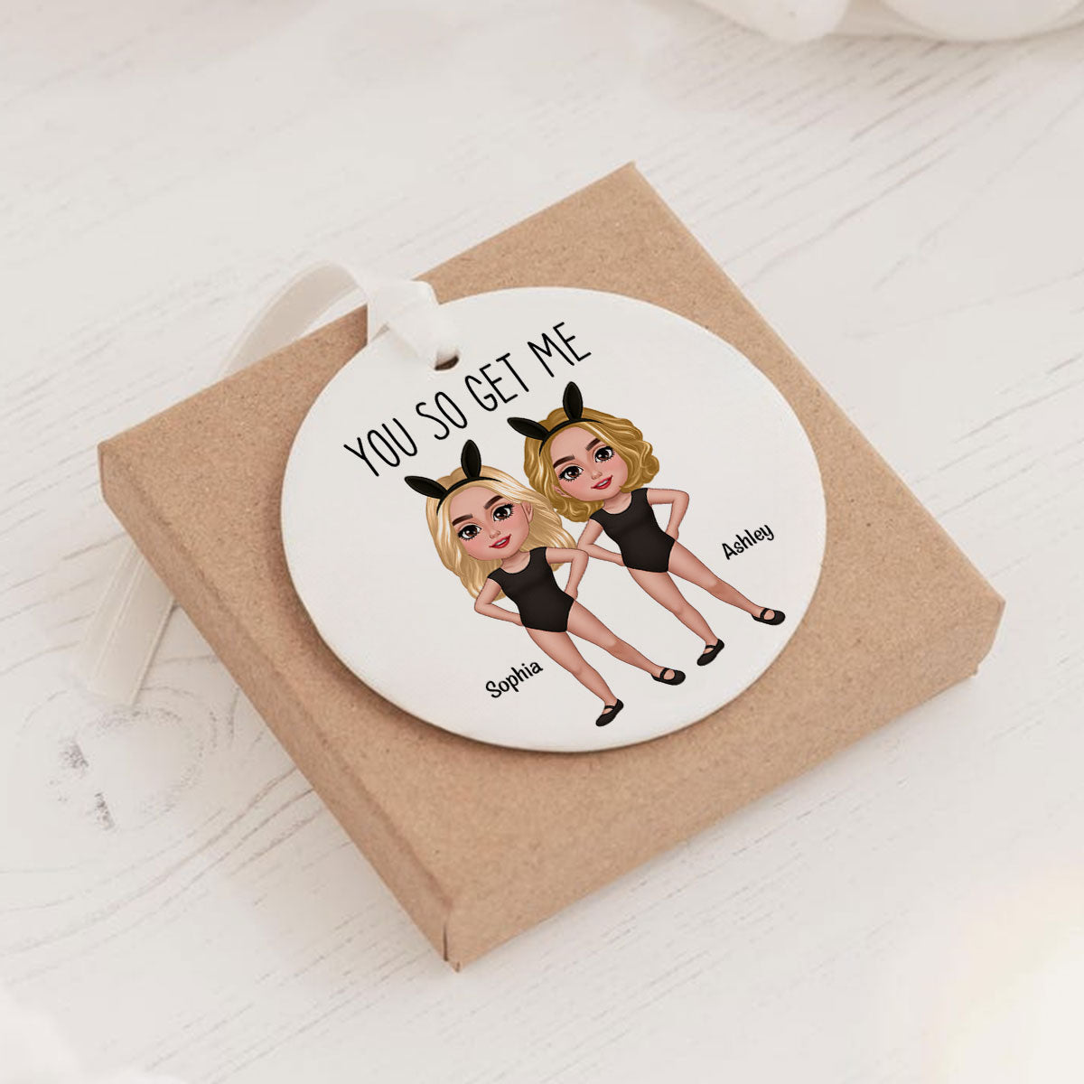Besties Sisters With Bunny Ears Personalized Circle Ceramic Ornament, Funny Gift for Besties, Friends