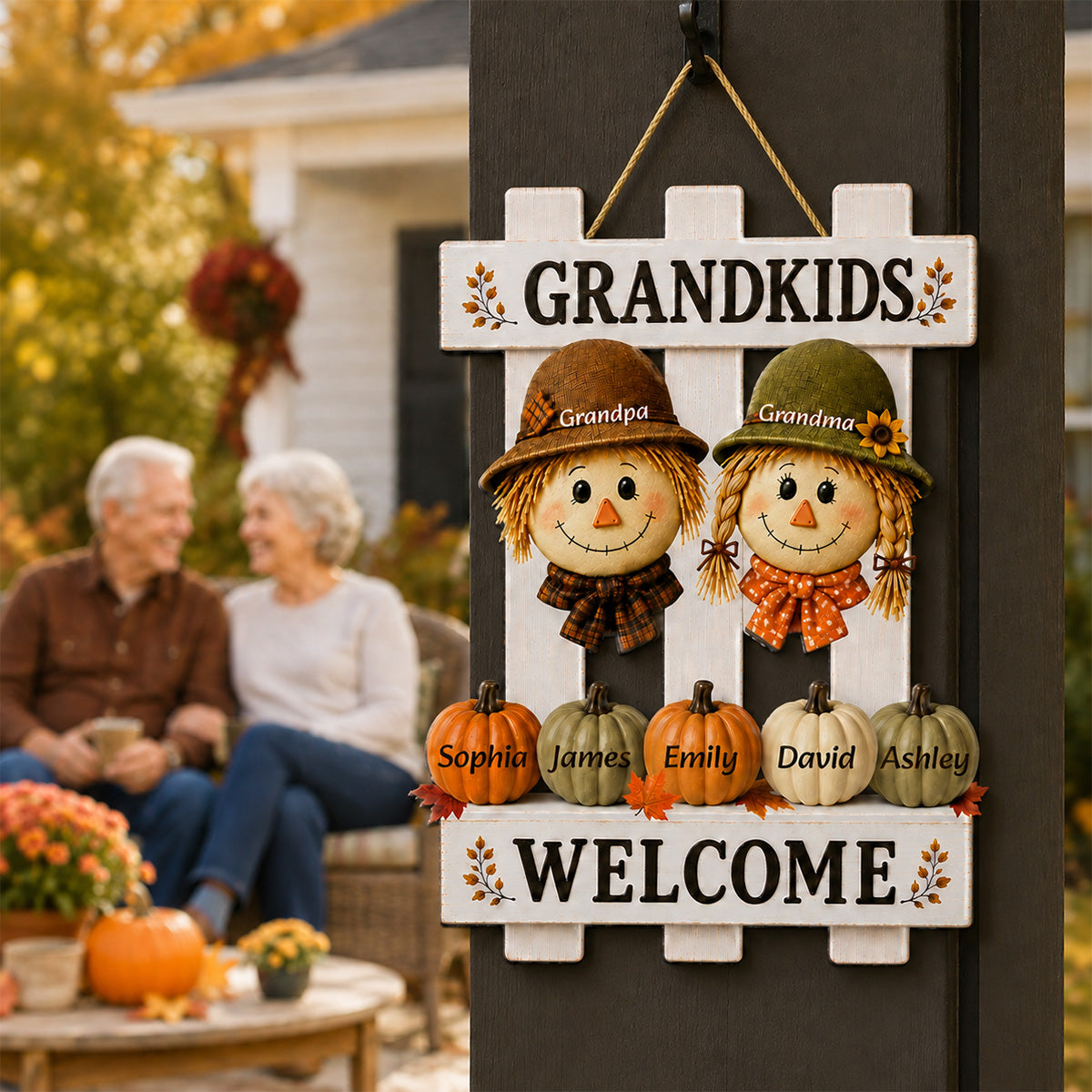 Scarecrow Grandparents Welcome Grandkids 2D Flat - Personalized Wood Sign