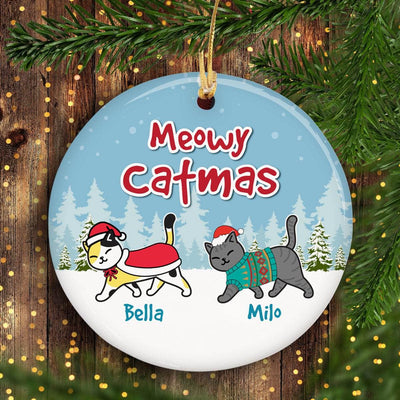 Cat Christmas Walking In The Snow Personalized Circle Ornament